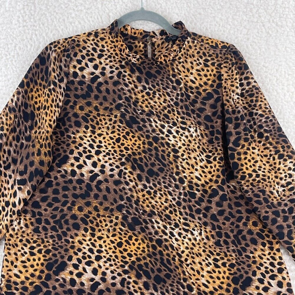Ann Taylor Factory Brown Animal Print Shirt Womens Long Sleeve High Neck Size MP - Picture 2 of 15